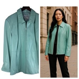 Pamela McCoy Leather Jacket Coat Sz 2X 18 20 XXL Aqua Blue Teal Zip Up